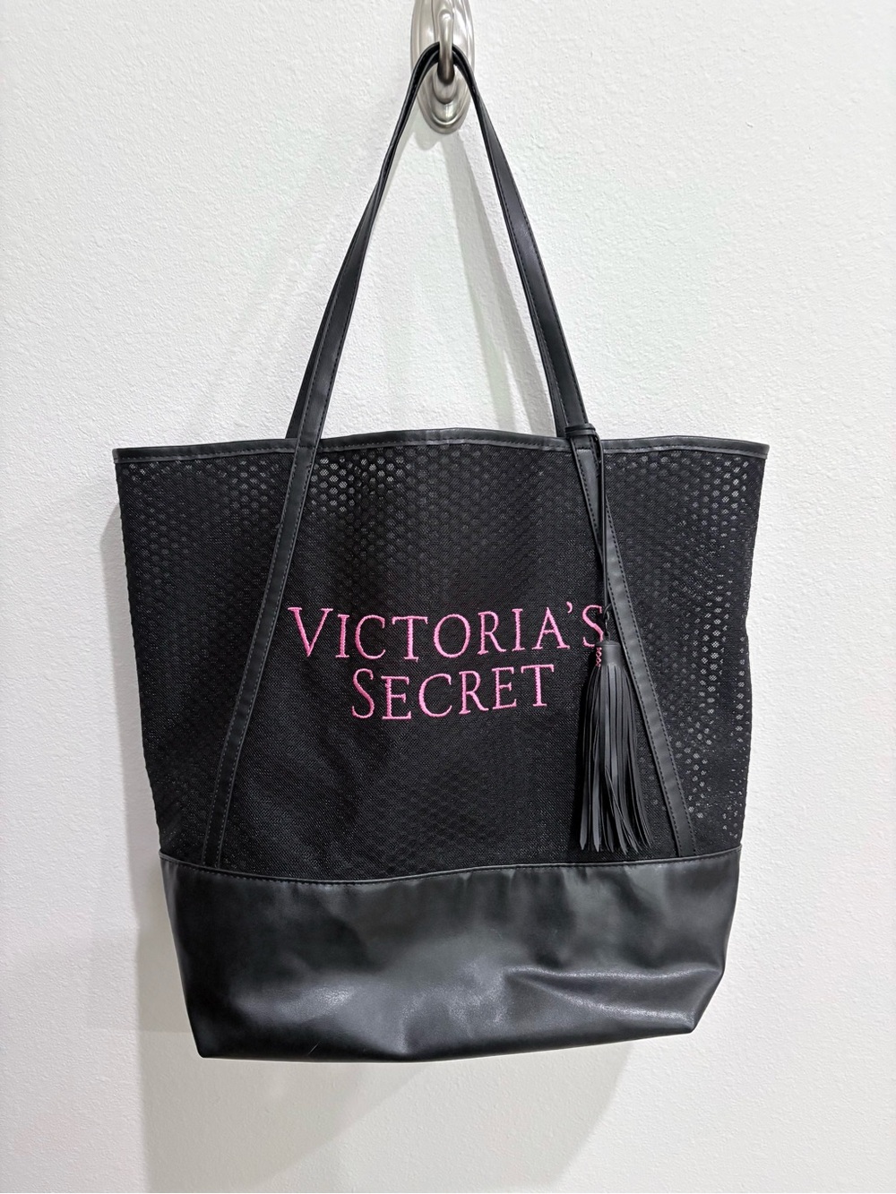 Victoria's Secret Limited Edition Black Mesh Tote Bag with Pink Logo & Tassel